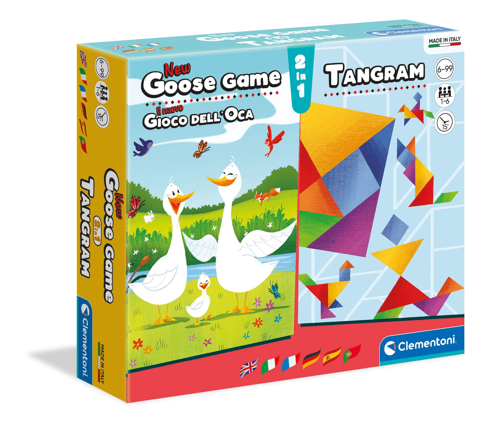 Clementoni Dell'Oca + Tangram Table, Party Game For The Whole Family, 1-6 Players, 6 Years+, Made In Italy, Multicoloured, 16301