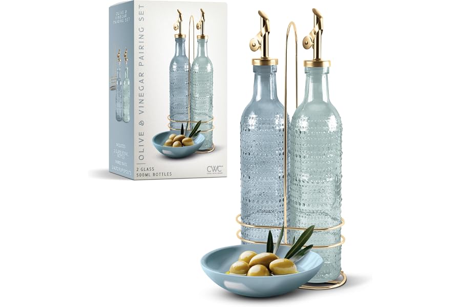COOK WITH COLOR Glass Olive Oil Bottle Dispenser - 2 Pack- 17oz Oil and Vinegar Cruet - Olive Oil Carafe Decanter for Kitchen, Champagne Bubbles, Blue