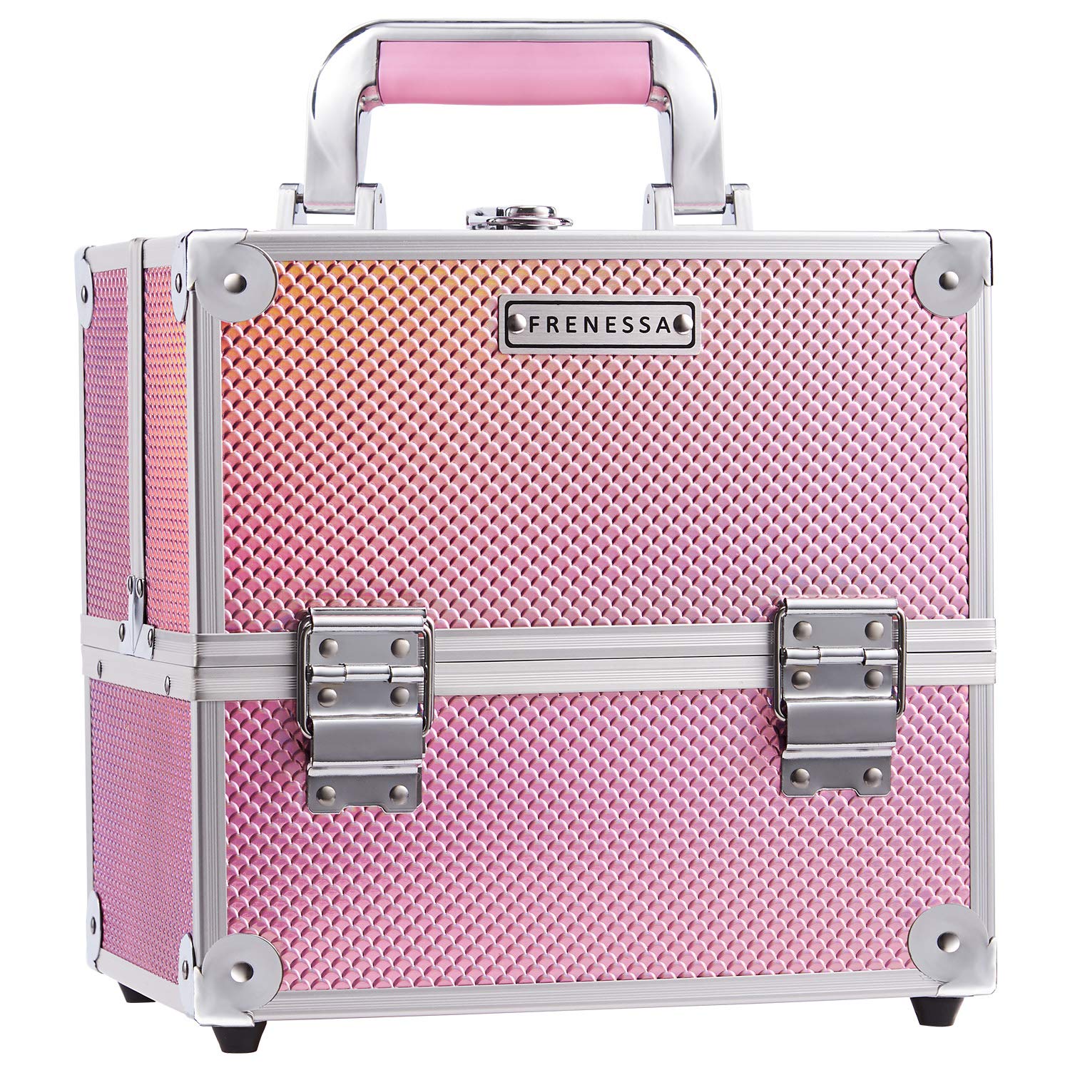 Frenessa Makeup Train Case Beauty Cosmetic Box Professional 4-trays Jewelry Storage Organizer with Lockable Pink lining Perfect Gift for Women and Girls - Mermaid Pink
