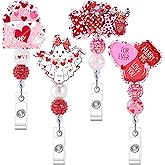 Valentines Badge Reel, 4 Pcs Heart Love Theme Retractable ID Holder Set, Cute Holiday Badge Clip Work Accessories Gifts for Nurses Teachers Office Staff