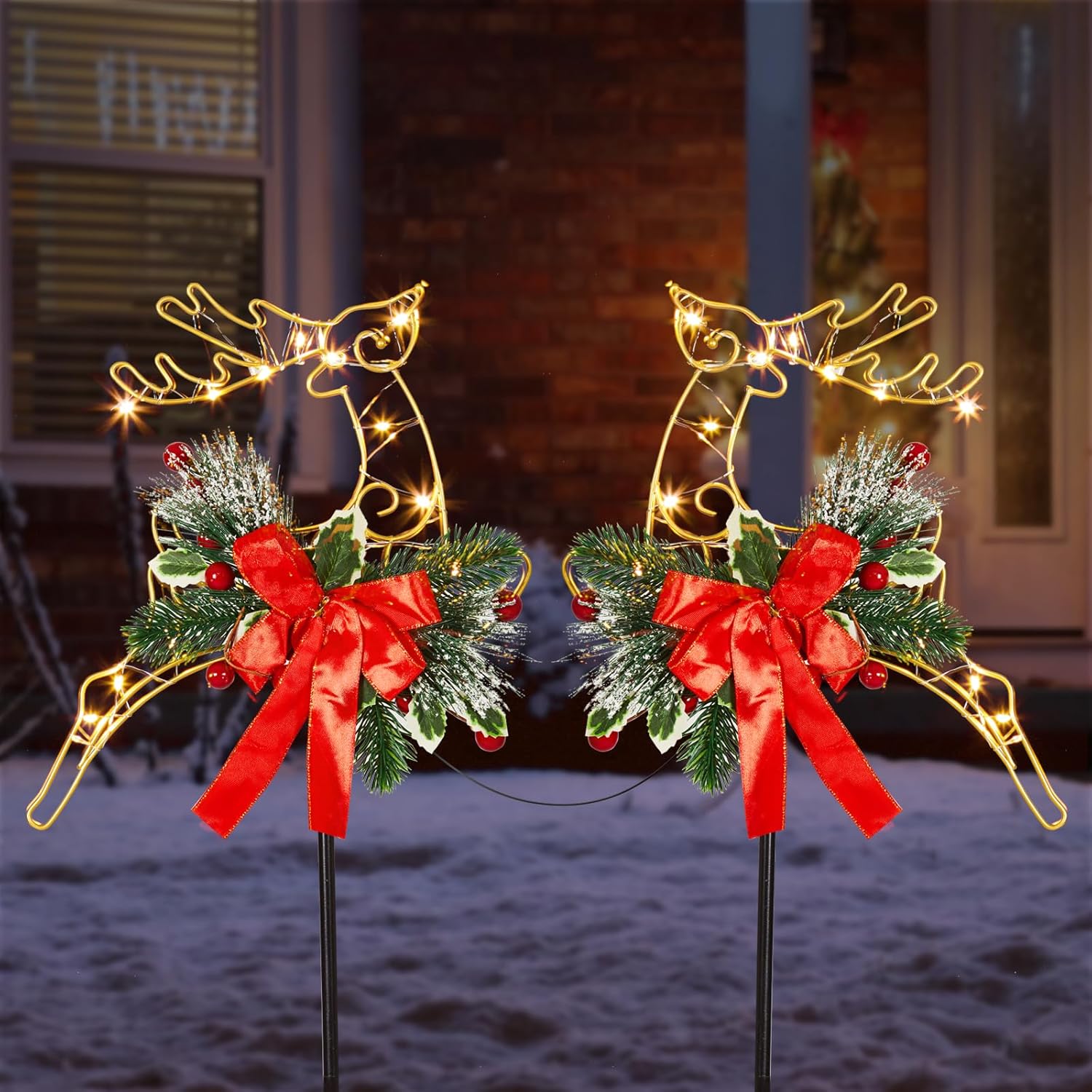 Decorative Garden Stakes - 2pk Metal Solar Stake Lights Christmas Yard Decorations Warm White Christmas Reindeer Figurines Christmas Ornament Stakes for Garden Lawn Yard