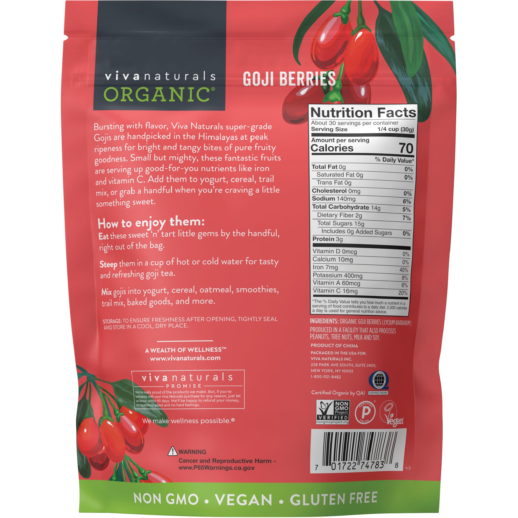 Viva Naturals Organic Dried Goji Berries, 32 oz (2 lb) Non-GMO and Vegan Wolfberries, Perfect for Baking, Smoothies, Teas and Snacks, Goji Berries Organic