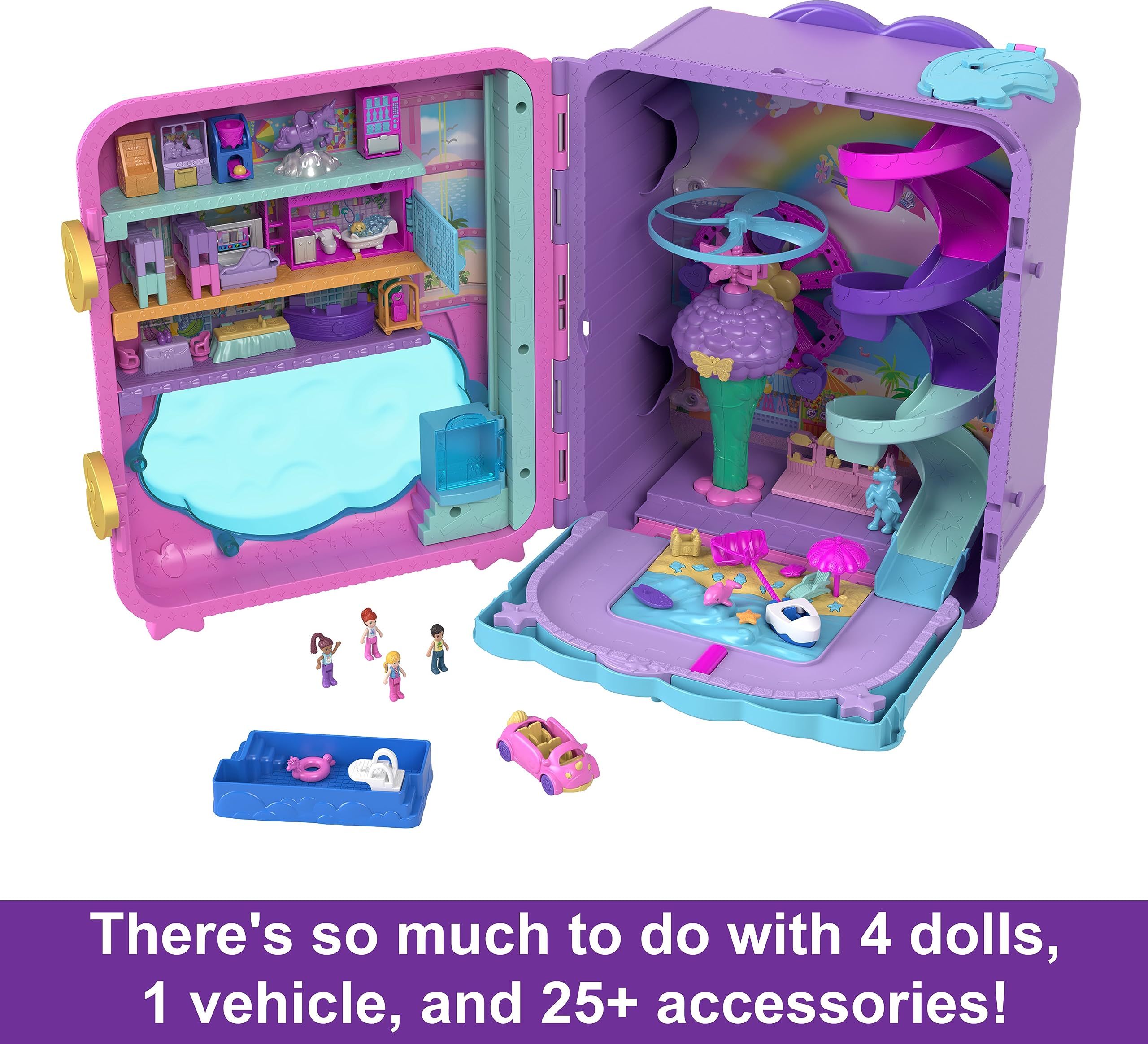 Polly Pocket Pollyville Playset, Resort Rollaway Suitcase, Large Travel Toy with 4 Dolls, Car, 25+ Accessories & Storage