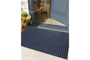 DEXI Door Mat, Heavy Duty Outdoor Indoor Doormat, Stain and Fade Resistant, Low Profile, Non Slip Front Door Mats, Easy Clean Patio Entryway Floor Mat, 17"x29", Squares Blue
