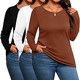Evervibe 3 Pack Women's Plus Size Cotton Shirts, Scoop Neck Long Sleeve Casual Tops Form Fitting Knitted T-Shirts Blouses