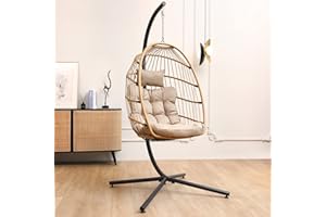 SWITTE Hanging Egg Chair with Stand, Egg Swing Hammock Chair with Stand, Indoor Outdoor Wicker Egg Chair with Cushion Headrest for Patio Bedroom Porch Garden, 350LBS Capacity(Cream)