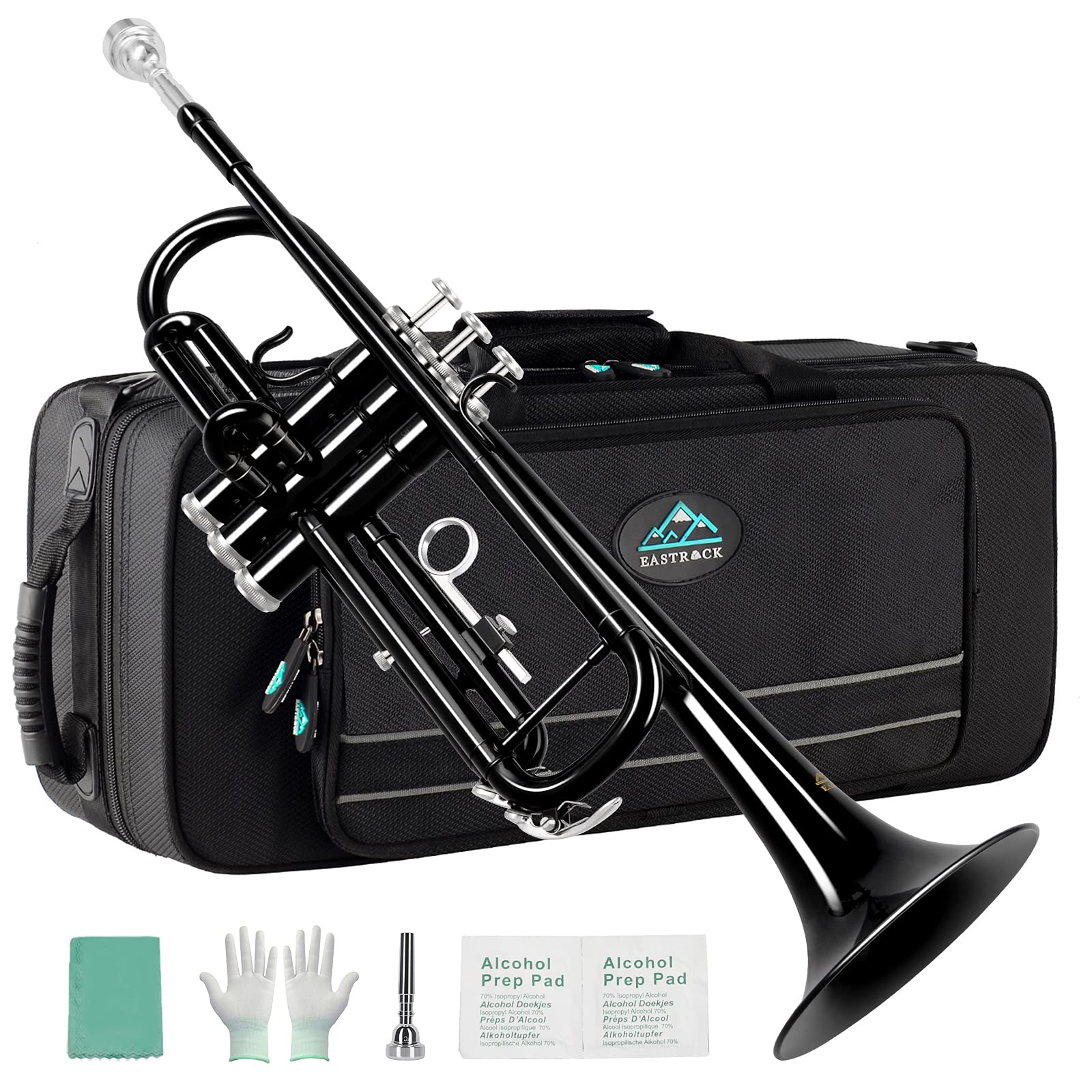 EastRock Black Trumpet Bb Brass Standard Trumpet with Hard Case, Gloves,Cloth,Valve Oil, 7C Mouthpiece, Musical Instruments for Student Beginner or Experienced Kids, Adults