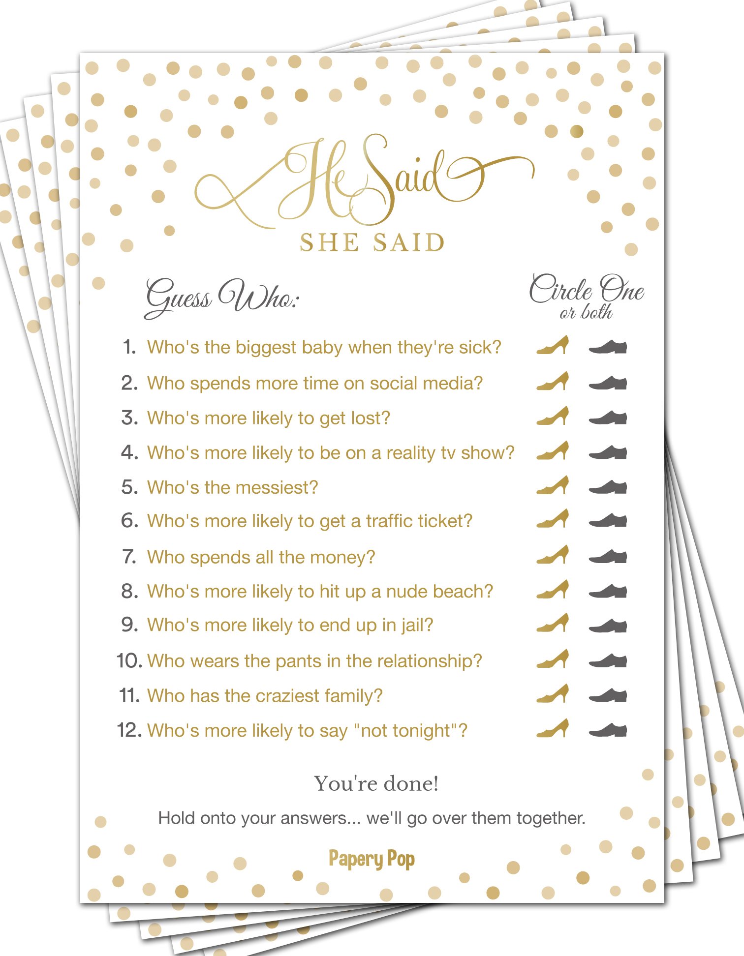 He Said She Said (50 Sheets) Bridal Shower Games Wedding Shower