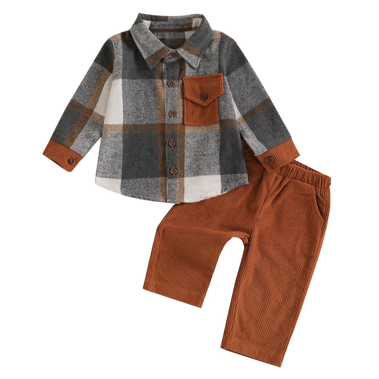 Photo 1 of Toddler Boys Fall Outfits Plaid Flannel Baby Boy Jacket Button Down Shirts Pants 2Pcs Festival Clothes Set (Brown, 1-2T)