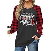 LHBNK Christmas Shirts for Women: Merry Christmas T-Shirt Xmas Buffalo Plaid Long Sleeve Casual Holiday Tops