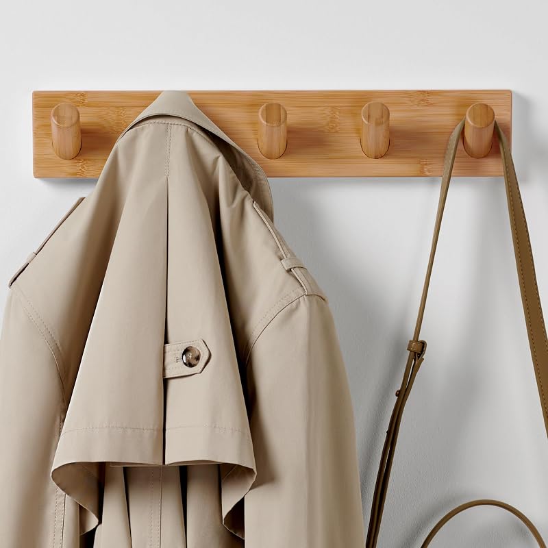 LARHN Wooden Coat Hooks Wall Mounted Coat Rack 5 XL Hooks 42cm