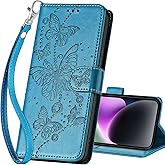 SASYMALY for iPhone 15 Plus Wallet case, Flip Folio Cover with Stand Feature for Women Men, PU Leather Phone Case Fit for iPhone 15 Plus 6.7'' [Blue-Butterfly]