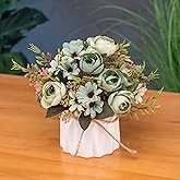 Hbluefat Fake Flowers in Vase, Small Artificial Silk Flowers with Ceramic Vase, Faux Flower Arrangement for Home Office, Coffee Dining Table Centerpiece Decor (Bead Rose,Green)