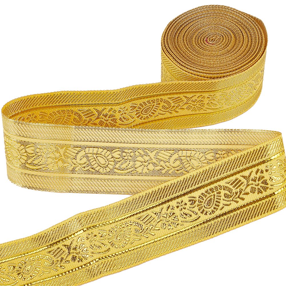 GORGECRAFT 7m Jacquard Tyrolean Ribbon Ethnic 33mm Gold Glitter Metallic Trim Floral Woven Embellishment for Diy Sewing Accessories Gift Wrapping Handmade Bag Making Craft Pillow Supplies