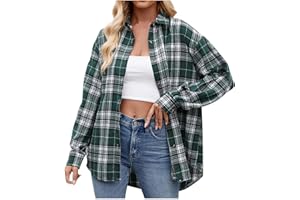 GENERIC Flannel Plaid Shirts for Women Oversized Button Down Lapel Blouse Tops Long Sleeve Loose Casual Jackets with Pockets