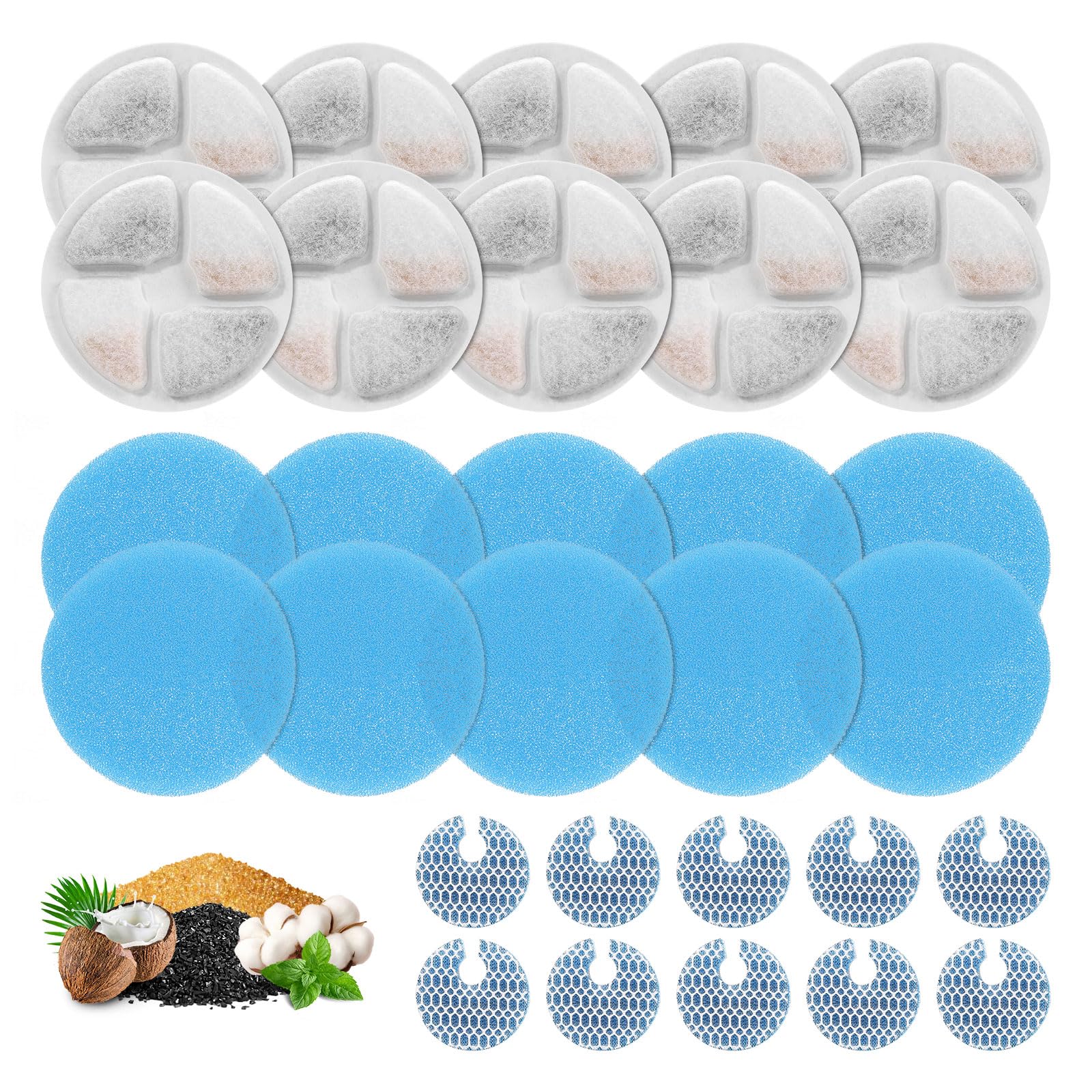 Photo 1 of 10 Set Cat Water Fountain Filters for 2L/67oz Round Stainless Steel Pet Water Fountain, ZEKIRY Pet Water Fountain Filters, Triple Filtration Replacement Filters(10 Filter, 10 Sponge, 10 8D Sponge)