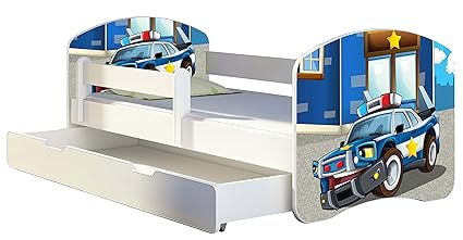 Kinderbett Jugendbett mit einer Schublade und Matratze Weiß ACMA II 140 160 180 40 Design (140x70 cm + Bettkasten, 38 Polizei