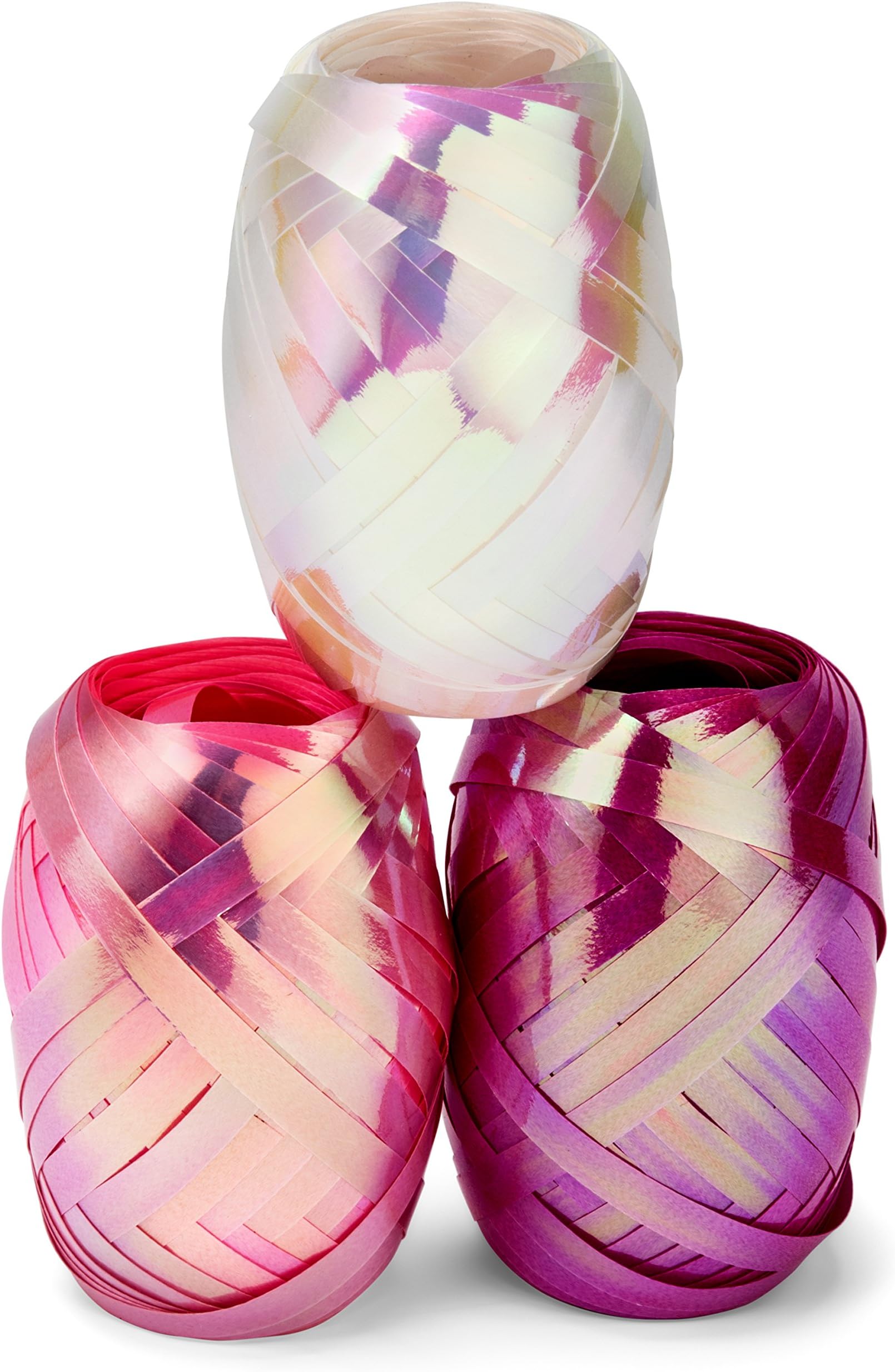 Curling Ribbon Three Assorted Colors: 3/16 Inch x 22 Yard - 60 Meters - Extra Long Iridescent Pearl, Baby Pink, Fuchsia Ribbon Egg 3 Pack in Storage Organizer for Decorative Gift Wrapping & Balloons