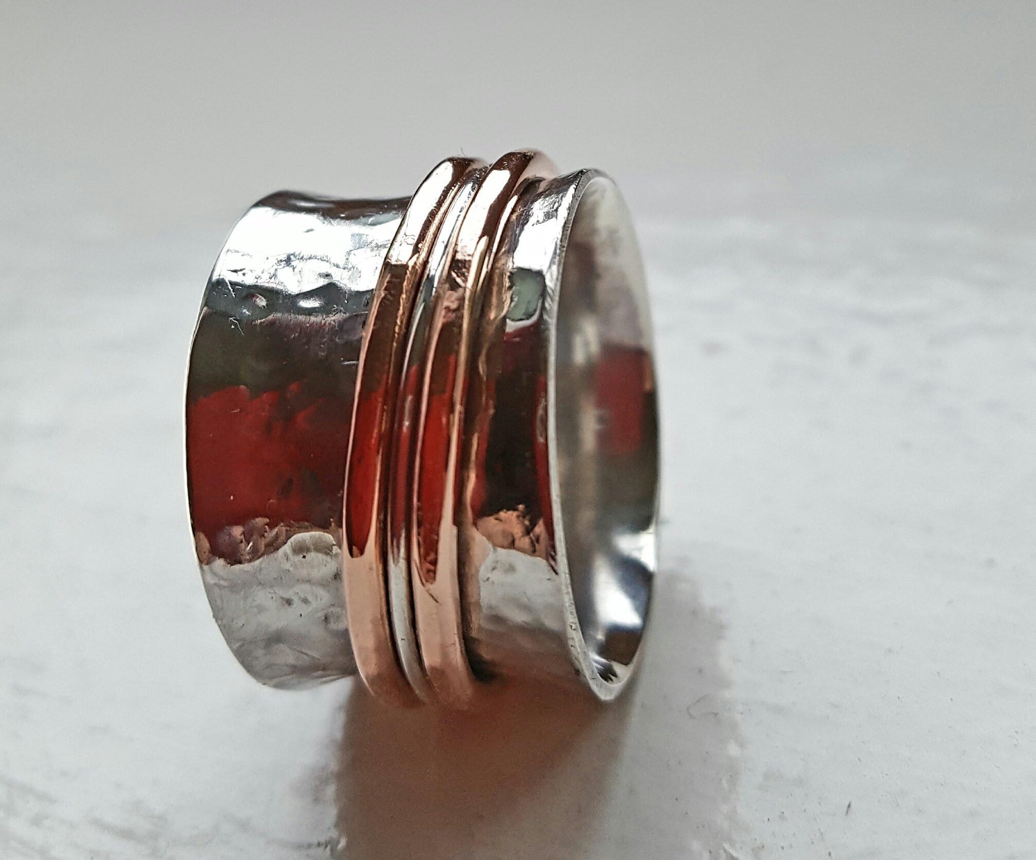 Unisex Sterling Silver 10 mm Wide Meditation / Fiddle Spinner Ring with Silver and Copper Spinners.