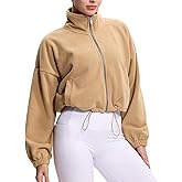 THE GYM PEOPLE Women's Fleece Cropped Jacket Full Zip Stand Collar Workout Short Sherpa Coats with Pockets Drawstring Hem
