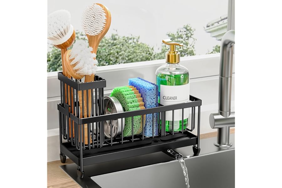Cisily Sponge Holder for Kitchen Sink, Sink Caddy Organizer with High Brush Holder, Kitchen Countertop Organizers and Storage Book