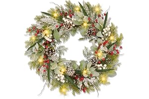 Christmas Wreath with Lights, AILANDA 24'' Artificial Christmas Wreath for Front Door with 60LED Pinecone Berry Battery Operated Wreath Christmas Decorations for Home Fireplace Wall Window Xmas Decor