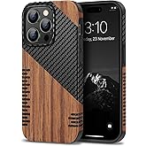 TENDLIN Compatible with iPhone 14 Pro Max Case Wood Grain with Carbon Fiber Texture Design Leather Hybrid Slim Case (Twill)