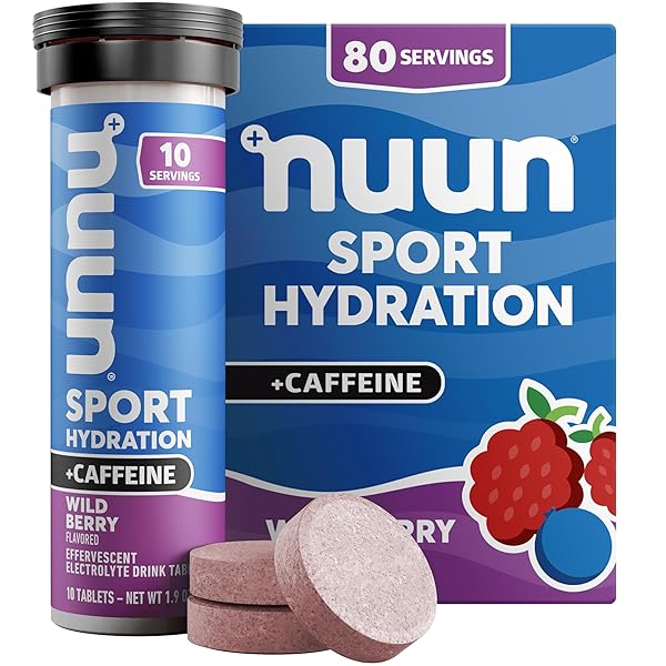 NUUN SPORT + CAFFEINE ELECTROLYTE TABLETS – DISSOLVABLE IN WATER, WILD BERRY FLAVOR, 5 ESSENTIAL ELECTROLYTES FOR HYDRATION, 1G SUGAR DRINK MIX, VEGAN, NON-GMO, 8 PACK (80 TOTAL SERVINGS)