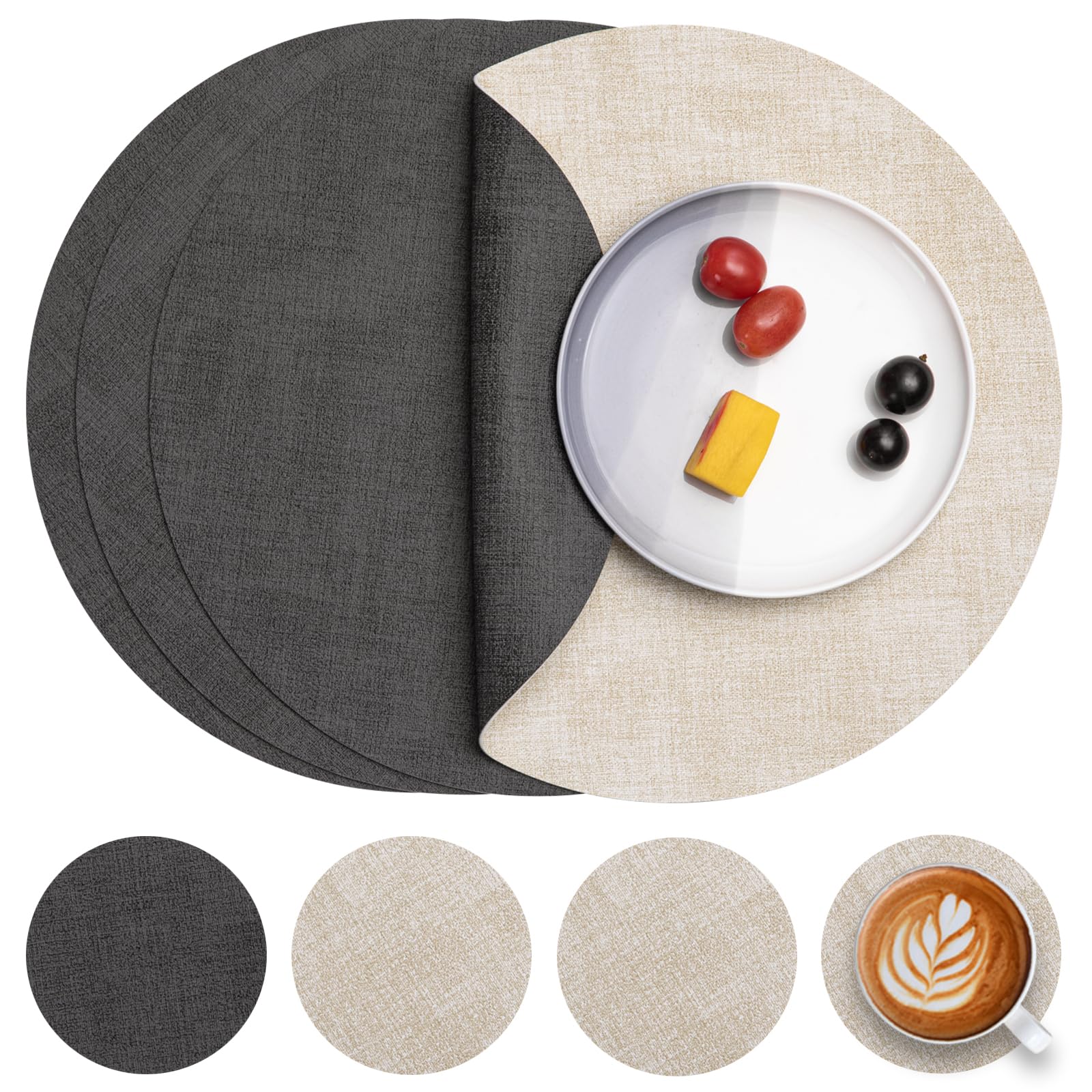 Myir JUN Leather Placemats and Coaster Set of 4, Table Mats Round Waterproof Dual Sided Kitchen Place Mats Coffee Mats Heat Resistant Placemat Non-Slip Washable — image 1