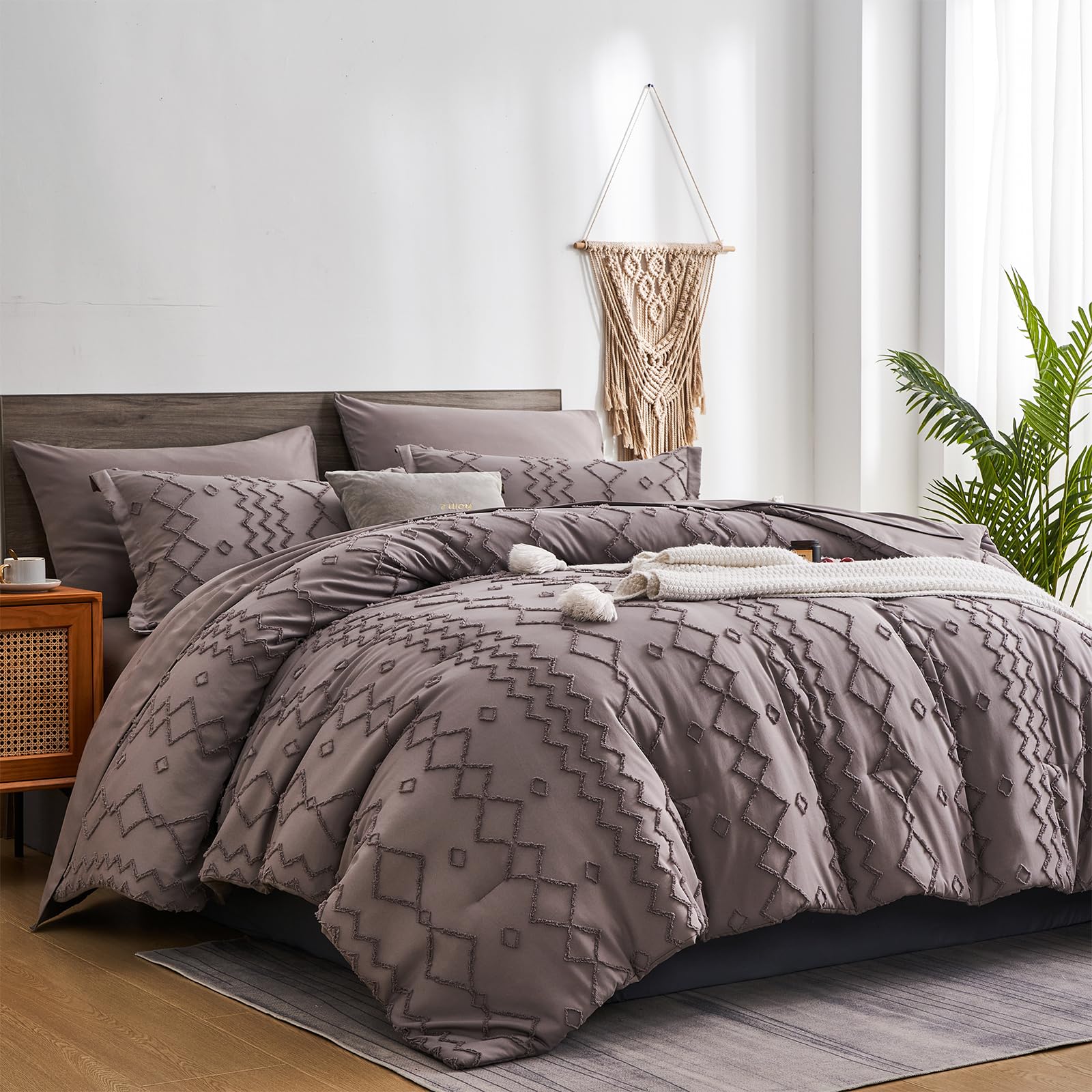 Photo 1 of FLYMME Taupe Tufted Twin Comforter Set Bed in a Bag 7 Piece,Boho Shabby Chic Farmhouse Bedding Comforter with Sheets,Soft Lightweight Geometric Embroidery Comforter (Taupe, 68''x 86'')