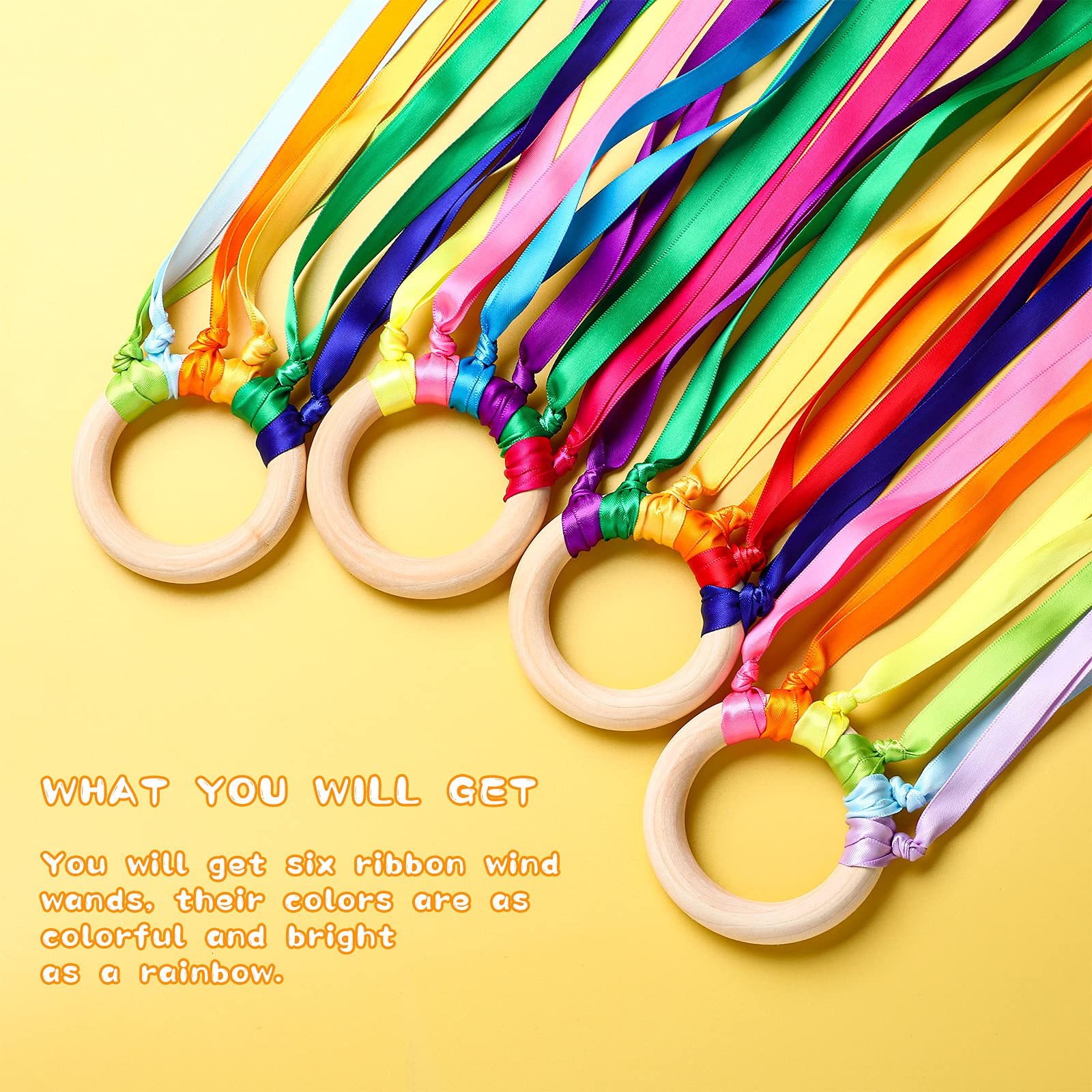 Sumind 6 Pcs Rainbow Ribbon Hand Kites Wands for Kids Dancer Streamer String Toy Thrown Waldorf Wand with Wooden Ring Wand Learning Educational(Bright Colors)