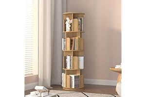 Rotating Bookshelf 4 Tier Tower, Round Spinning Bookcase 360° Revolving, MDF Kids Bookshelf with Adjustable Shelves for Small