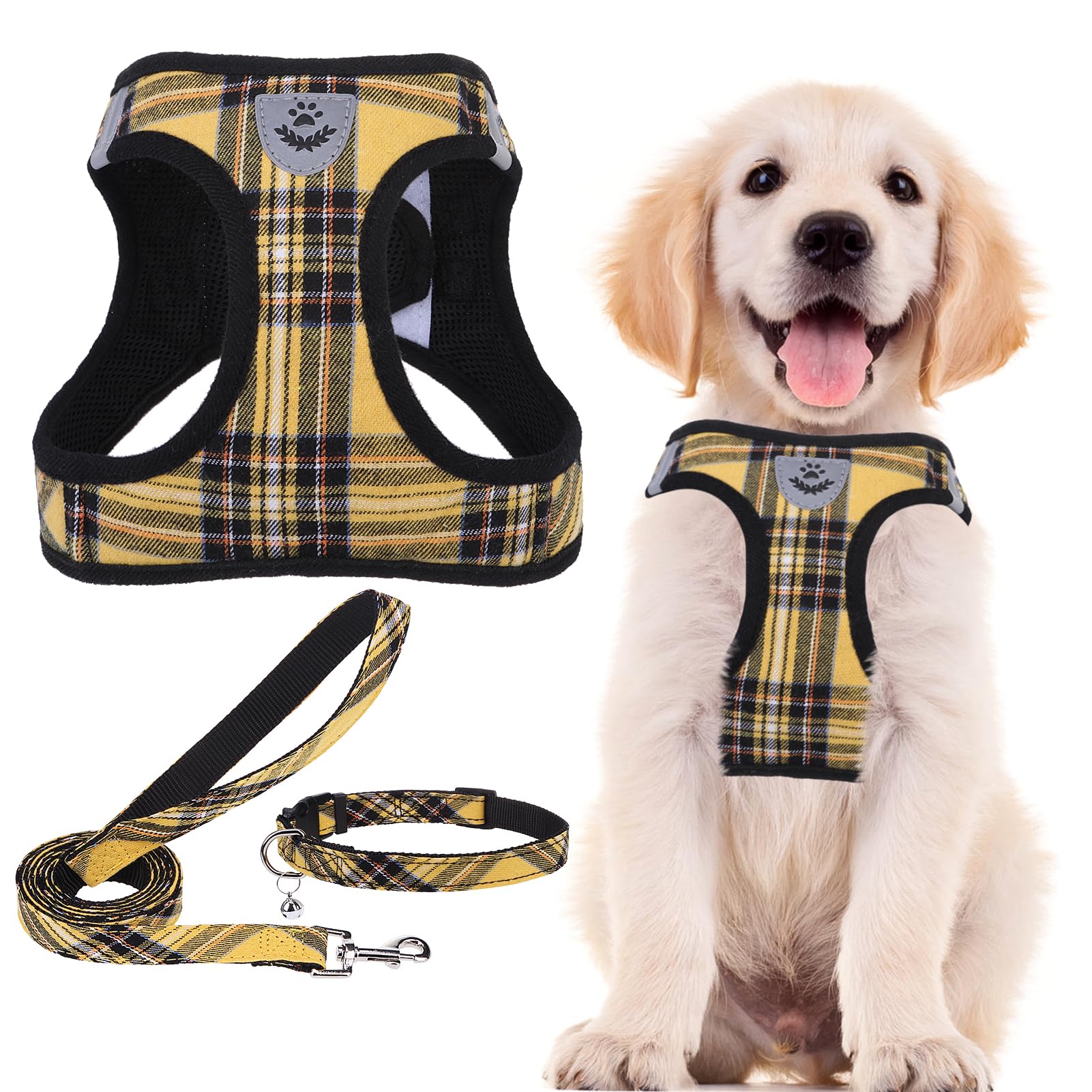 Photo 1 of PUPTECK Adjustable Dog Harness Collar and Leash Set Step in No Pull Pet Harness for Small Medium Dogs Puppy and Cats Outdoor Walking Running, Soft Mesh Padded Reflective Vest Harnesses, Yellow, L
