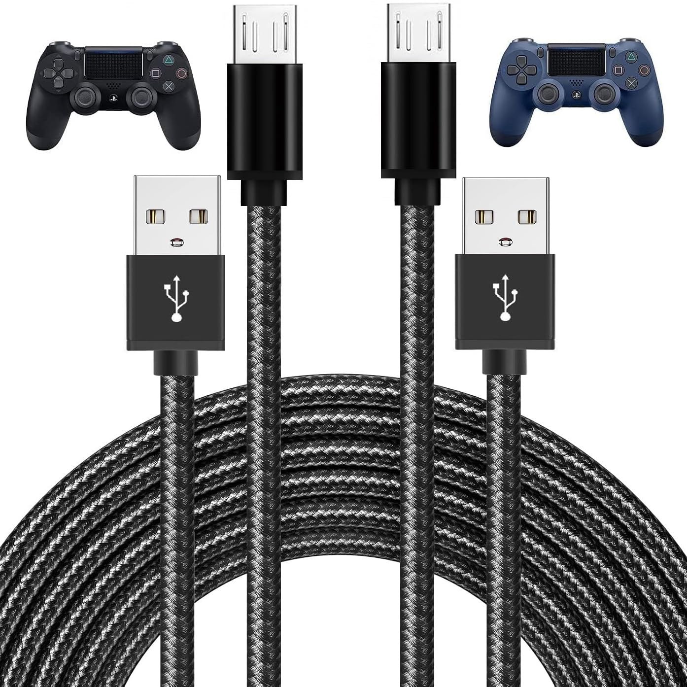 Photo 1 of PS4 Controller Charger Cable 2-Pack 10FT Nylon Braided Micro USB Cord Play and Charger Data Sync Cord for PS4 Pro/ PS4 Slim/ PS4 DualShock 4, Xbox One S/X/Elite Controller, Android Phones, Kindle Fire