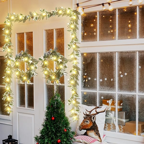 CEENNA 8 PACK 6 FT PRELIT CHRISTMAS GARLAND WITH GLOBE LIGHTS BATTERY OPERATED WITH TIMER REMOTE ARTIFICIAL LIGHTED HOLLY LEAVES GARLAND WITH PINE CONES BERRIES FOR MANTLE INDOOR OUTDOOR (WHITE)