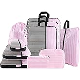 U+U 10 Set Compression Packing Cubes - Ultralight Pink Stripe Travel Organizers with Laundry Bag, Space-Saving Suitcase Organizer, Expandable Packing Cubes for Travel and Family Vacation (Pink Stripe)