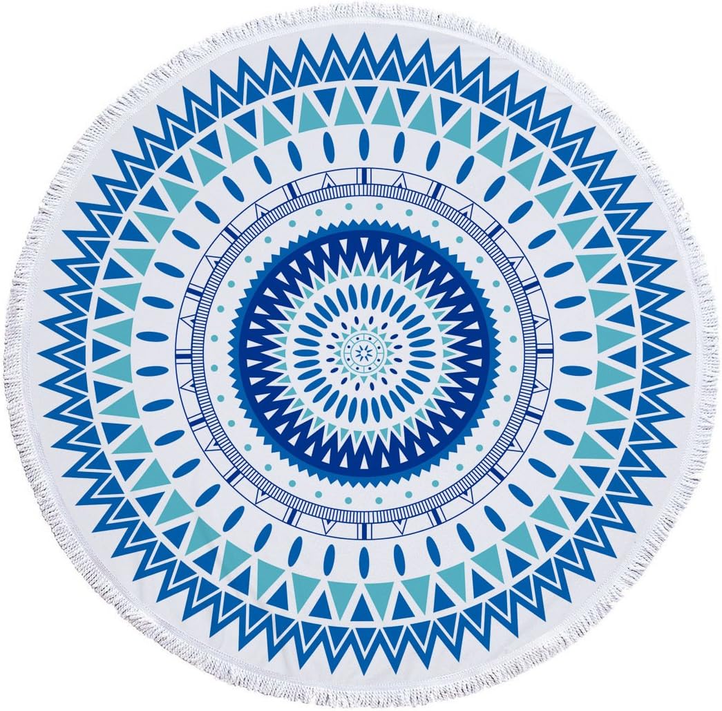 TapTheCamp Round Beach Towel Oversized Thick Blanket,microfiber fabric with cotton tassels fringe, Vintage Green Blue Mandala print tapestry, quick dry sand proof area rug carpet for yoga camp picnic