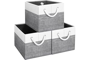 Fab totes Storage Bins [3-Pack], Foldable Storage Baskets for Organizing Toys, Books, Shelves, Closet, Large Storage Box with Rope Handles, Sturdy Organizer Bins, White & Grey