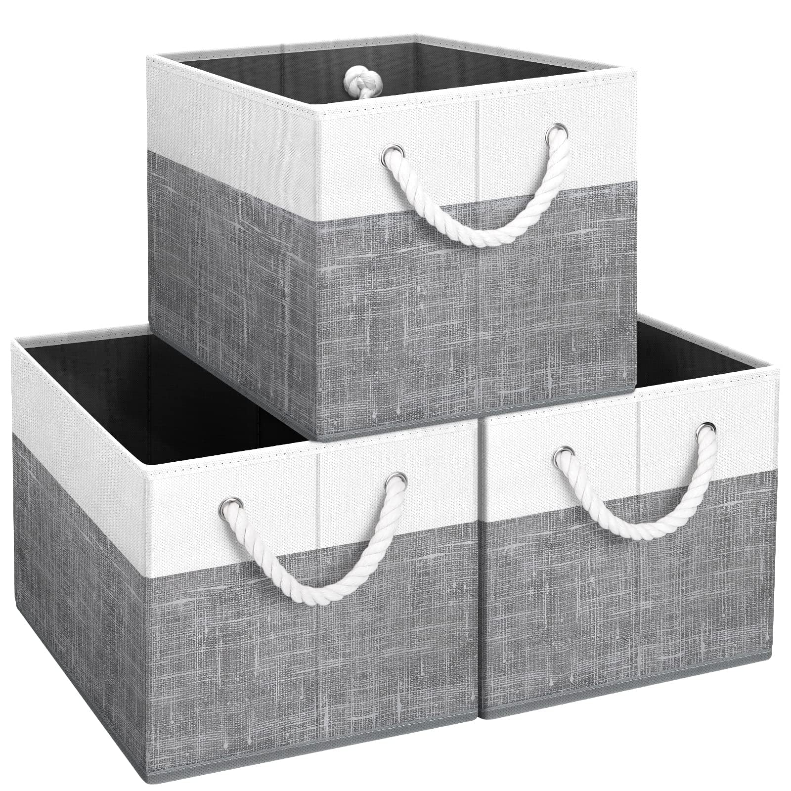 Photo 1 of Fab totes Storage Bins [3-Pack], Foldable Storage Baskets for Organizing Toys, Books, Shelves, Closet, Large Storage Box with Rope Handles, Sturdy Organizer Bins, White & Grey