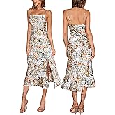 Tsher Women's Sleeveless Spaghetti Strap Satin Wedding Guest Party Dress Cowl Neck Backless Midi Formal Dresses
