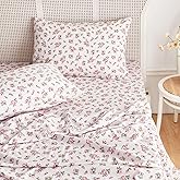 Wake In Cloud - Floral Bed Sheets, 4-Piece Sheet Set, Shabby Chic Flower Rose Pattern Printed Coquette Cottagecore Vintage Aesthetic Bedding, Deep Pocket, Light Pink, Queen Size