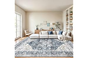 AMADA HOMEFURNISHING 8x10 Washable Area Rug, Low-Profile Large Area Rug with Non-Slip Backing & Durable Edge Binding, Vintage Large Rugs for Living Room, Bedroom, Dinning Room