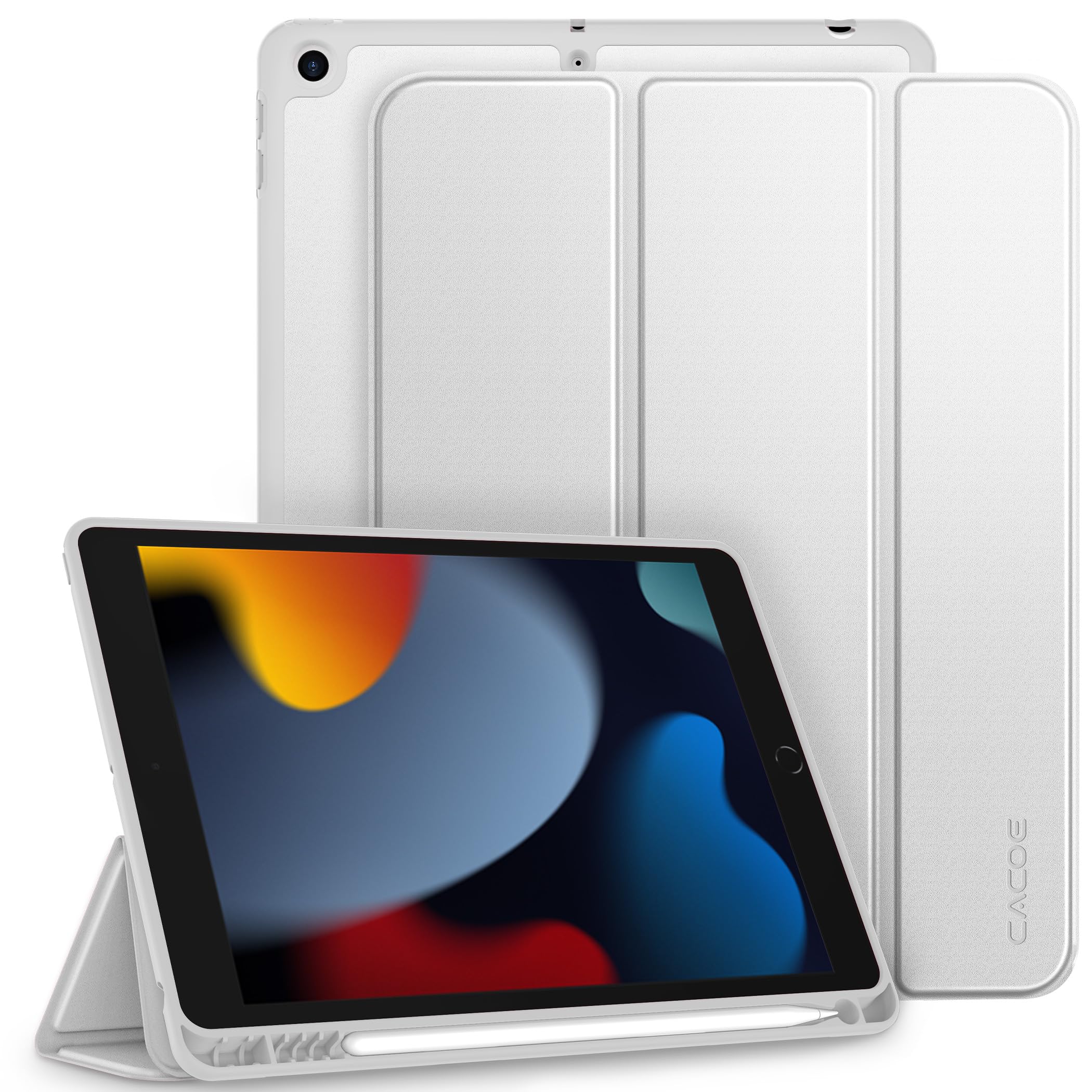 CACOE Case Compatible with iPad 9th/8th/7th Generation (2021/2020/2019), 10.2 Inch Case with Pencil Holder, Soft TPU Back Cover Auto Wake/Sleep, Silver