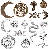 SUNNYCLUE 1 Box 64Pcs Tarot Style Moon Phase Charms Tree of Life Charm Triple Goddess Moon Snake Sun Mushroom Ouijas Round Metal Charm for Jewelry Making Charms Earrings Necklace Bracelet DIY Supplies