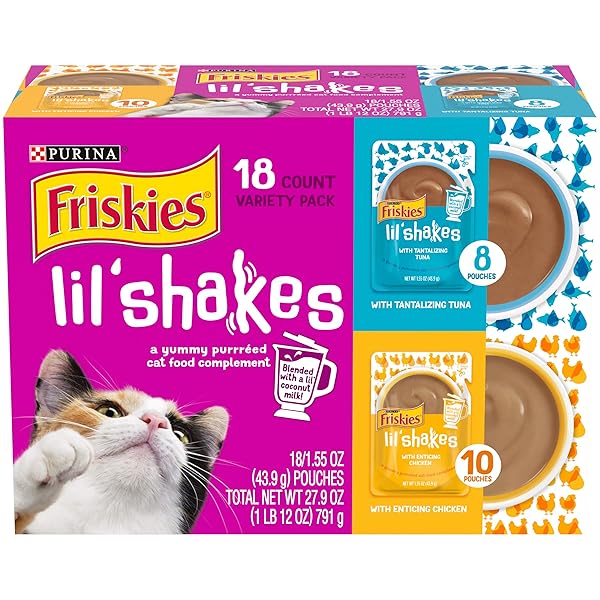 PURINA FRISKIES PUREED CAT FOOD TOPPER VARIETY PACK, LIL’ SHAKES WITH CHICKEN AND WITH TUNA VARIETIES LICKABLE CAT TREATS – (PACK OF 18) 1.55 OZ. POUCHES