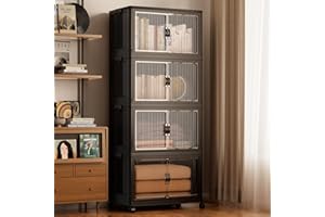 Jalove 50QT Plastic Storage Bins with lids, Stackable Collapsible Storage Containers with Wheels, Closet Organizer and Drawers, Clothes Storage Cabinet for Home Office Garage, 4 Pack Black