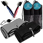Blue Horizon Golf Towel and Brush Kit 2-Pack – Microfiber Towels with Carabiner Clip + Club Groove Cleaner Tool – Golf Accessories for Cleaning Clubs and Balls (Black and Grey)