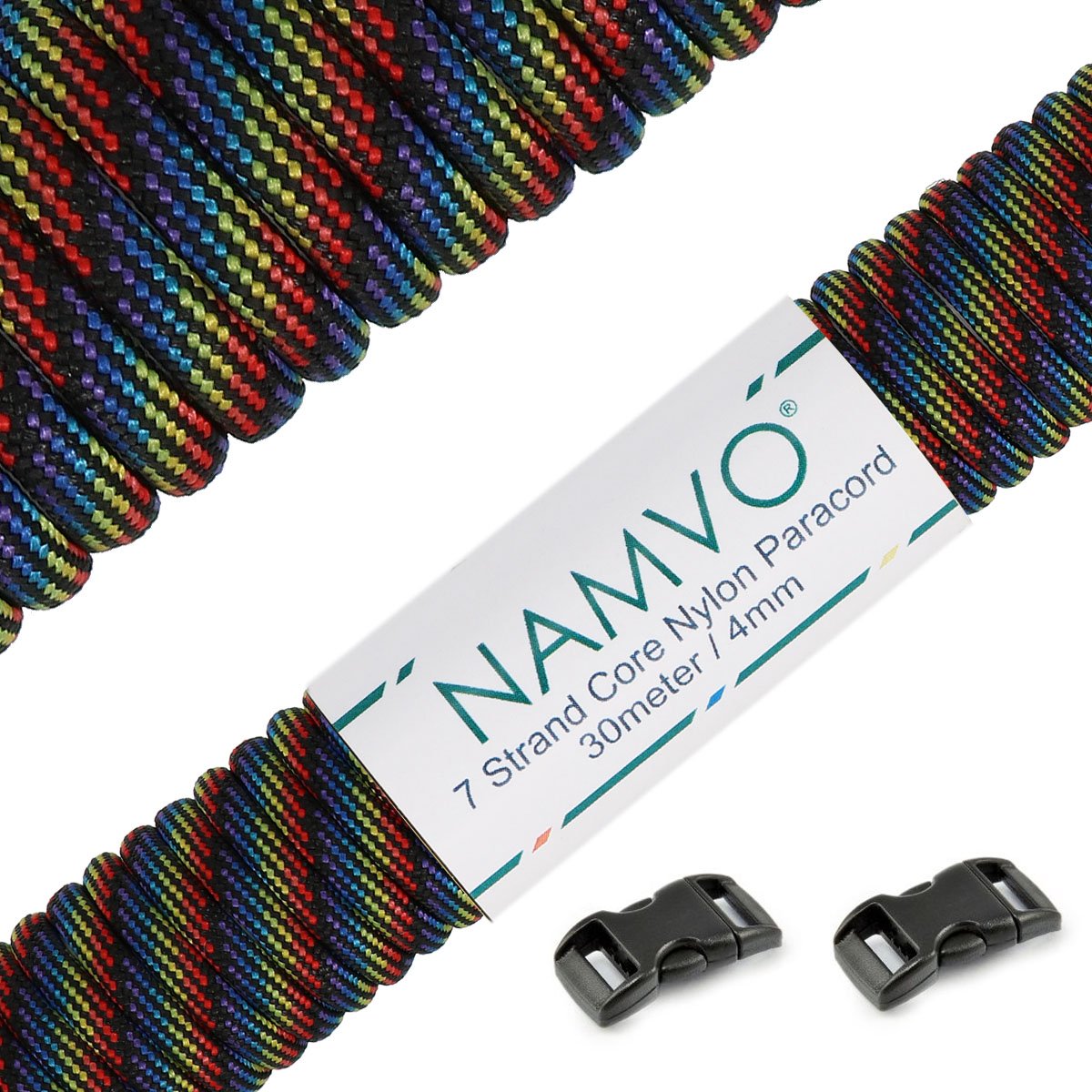 Namvo Paracord 550 4mm, Type III Parachute Rope with 7 Strand Core, Paracord Holds 250kg, 100ft (31m), 100% Nylon Rope, Great for Camping, Outdoors, Survival - Black Rainbow