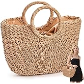 Pumtus Women Straw Bag, Large Hand-woven Summer Beach Handbag, Handmade Straw Tote Bag, Casual Top-handle Rattan Woven Semi-circle Clutch Bag for Women, Travel, Vacation