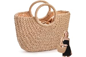 Pumtus Women Straw Bag, Large Hand-woven Summer Beach Handbag, Handmade Straw Tote Bag, Casual Top-handle Rattan Woven Semi-c